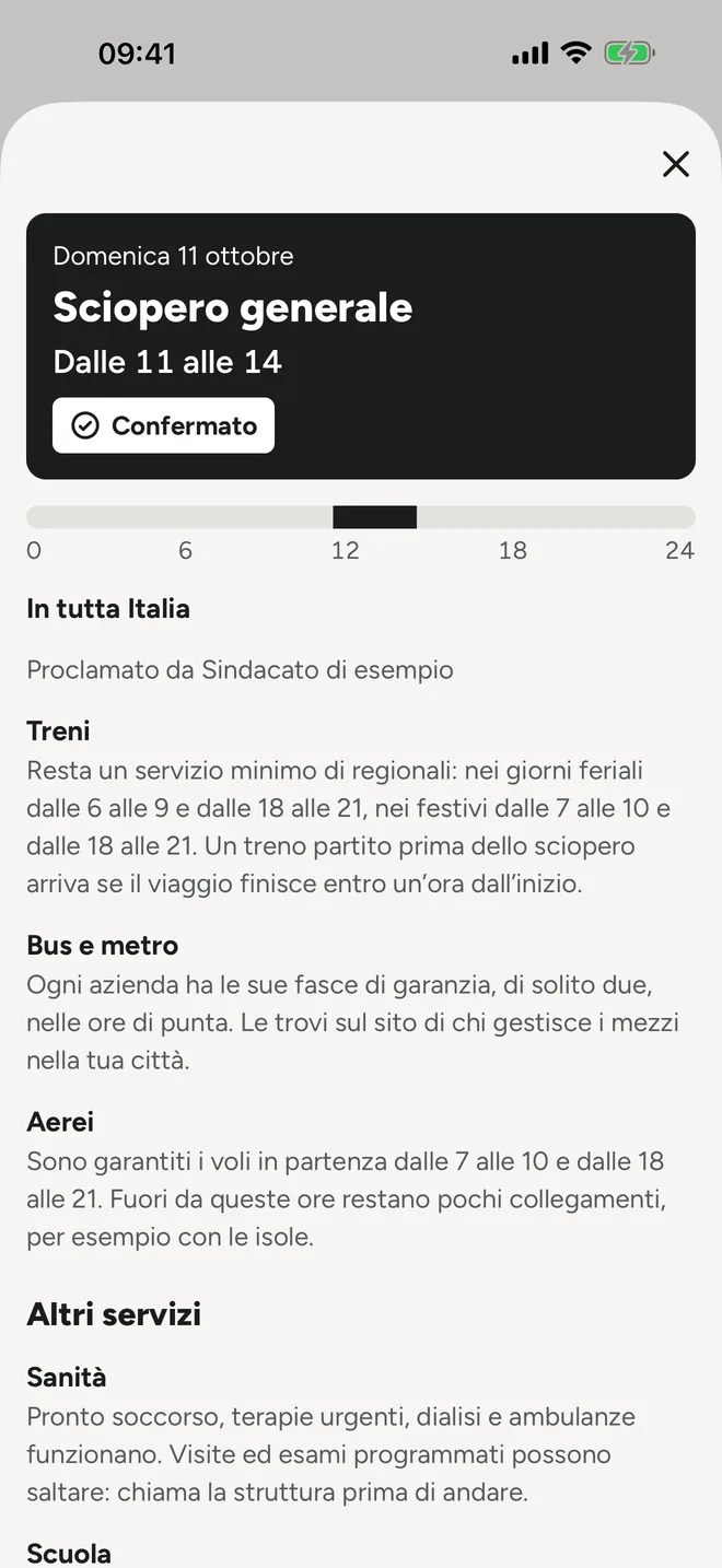 Dettaglio di uno sciopero generale con le fasce di garanzia
