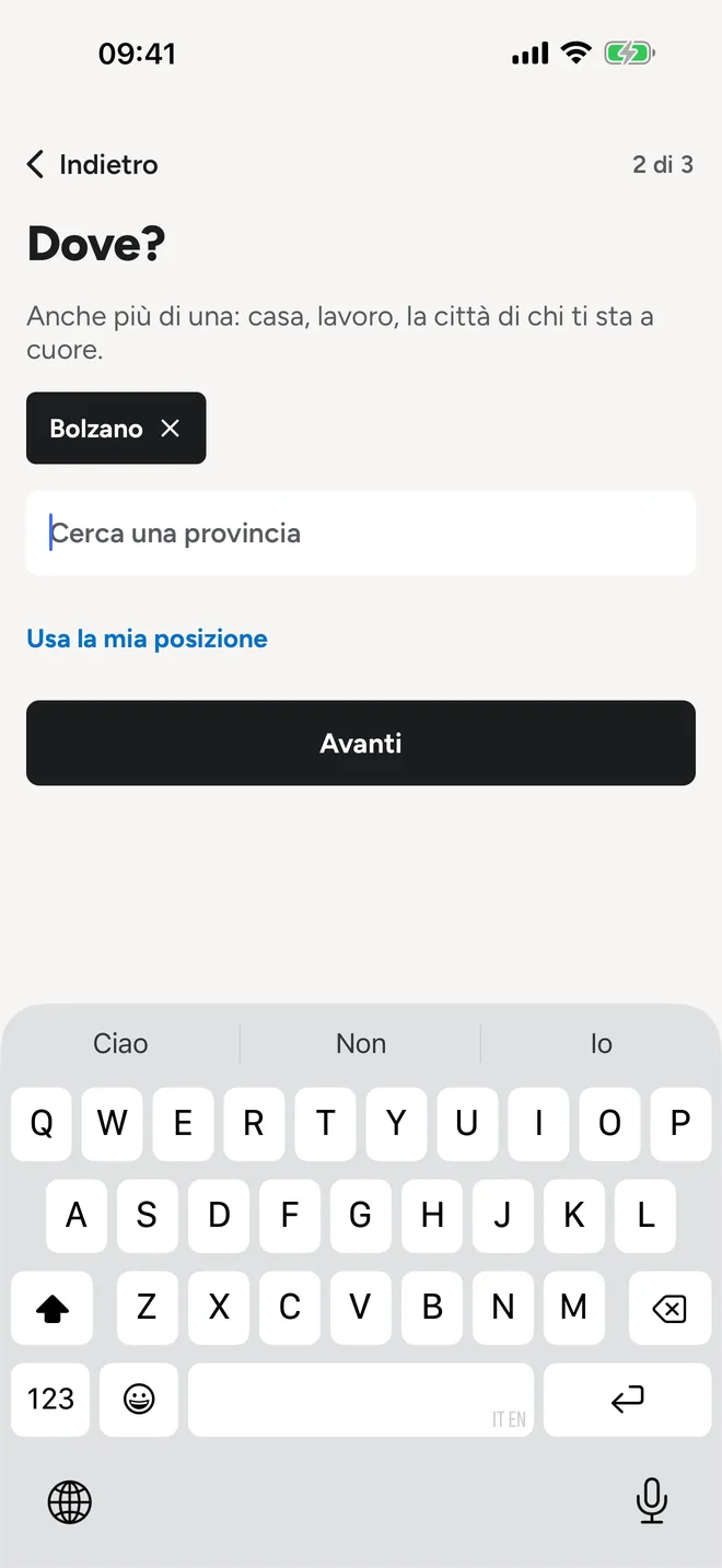 Scelta delle province nel primo avvio
